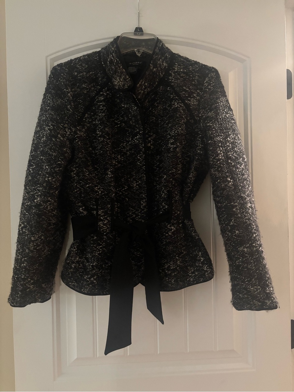Sandro Black & Gray Tweed Belted Blazer